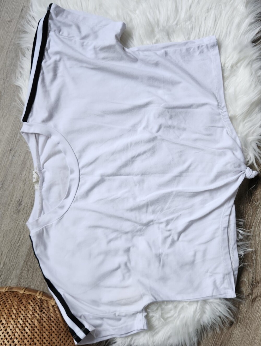 White Short Sleeve Tee with Black Stripe Detail